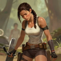 out of shape tired Lara Croft in the style of Boris Vallejo, background in the style of Manjit Bawa
