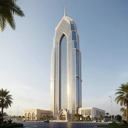 modern render of a modern and sustainable skyscraper in Dubai, inspired by Islamic Architecture, rendered in v-ray
