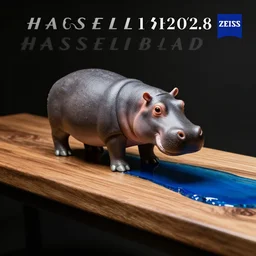 a photo of a model hippo made of wood countertop, wood mixed with blue epoxy resin, dramatic lighting, studio zeiss 1 5 0 mm f 2. 8 hasselblad, award - winning photo