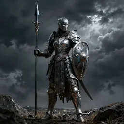 A valkyrie wielding a shield and spear; dark fantasy, concept art, dark souls