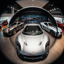 3 d fisheye lens hyperrealistic exaggerated 1 9 3 0 s cars in a showroom, shiny, aerodynamic, dramatic lighting