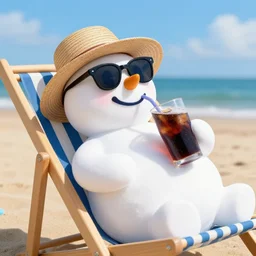 portrait of snowman! in sunglasses wearing straw hat, drinking cold soda, lying on deckchair, sandy beach, beautiful sunny day, photorealistic image ultra detailed, high resolution, trending at artstation