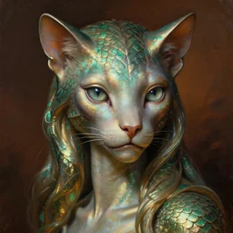 detailed portrait in femininity, regal alien, feline, realistic face sculpted features, large clear eyes, statuesque model, opalescent skin, metallic hair, warm glow, bathed in light, chiaroscuro, shimmering scales, biomorphic, organic impressionism, dappled backdrop, deep rich tones, burnt umber and emerald color palette, painterly