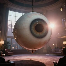 photorealistic close up shot cinematography of a giant floating eyeball sci - fi prop acting in a twilight zone episode shot on film at magic hour with the sun shining into a large 6 0's hotel lobby room filled with volumetric haze by the shining cinematographer john alcott on a cooke panchro 2 7 mm lens.