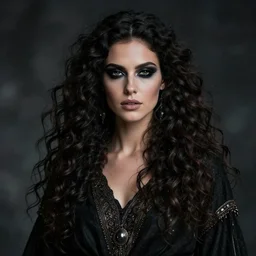 ethereal beautiful woman with long curly hair in romany gypsy outfit, high detail, detailed dark eyeshadow, black dark aesthetic, fantasy, epic style