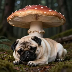 adorable pug sleeping under a mushroom grown in a dark forest, detailed stipple illustration, black and white, in the style of gustave dore dante's inferno