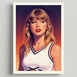 twin peaks poster art of taylor swift cheerleader, retro half portrait by stanley artgerm, dramatic lighting, ilya kuvshinov, trending on artstation, flat color, gradient filter, pleasing tone colors, art deco patterns