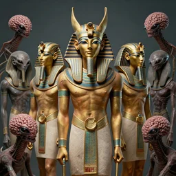 egyptian gods in war with aliens brainsuckers, perfect faces, fine details, studio lighting, subtle shadows, art by katsuya terada, photorealism, hyper realism, octane render, hyper detailed, canon eos r 3, f / 1. 4, iso 2 0 0, 1 / 1 6 0 s, medium shot, 8 k, raw, unedited, in - frame,