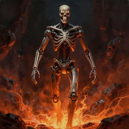 hyperrealistic mixed media painting of a humanoid terminator floating in lava, stunning 3d render inspired art by Barry Windsor-Smith + perfect body symmetry + dim volumetric lighting, 8k octane beautifully detailed render, post-processing, extremely hyperdetailed, intricate futuristic mechanic parts, epic composition, grim yet sparkling atmosphere, cinematic lighting + masterpiece, trending on artstation