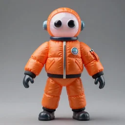 still slender figurine of a tall giant inflated space man action figure wearing over sized orange puffy bomber jacket, googly eyes, tareme eyes, small head, personification, dynamic pose, detailed product photo, tone mapped, beautiful composition, 8 5 mm, f 5. 8, soft lighting