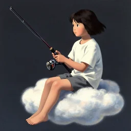 a young girl sitting on a cloud holding a fishing rod. detailed. 8 k. matte painting. dramatic. hard edges. poster. by masayoshi suto. waterhouse jordan grimmer