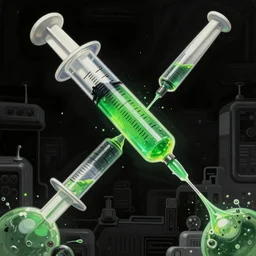 hyperdetailed cyber fun 70's poster painting in a color style of 70's black poster art of chemical filled syringe spraying out green chemicals, epic scale ultrawide angle, 3D  rendered, Vray rendered, octane render, unreal engine