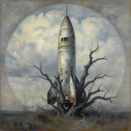 abandoned rocketship, many thick dark knotted branches, detailed, ethereal, round clouds, dramatic lighting, rough unfinished foggy aged artwork by Paul Cézanne