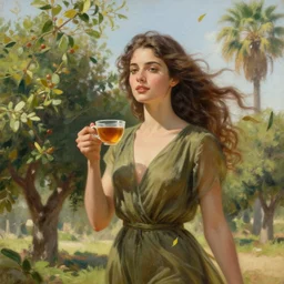 epic painting of beautiful female in olive dress holding cup of tea in the middle of date trees and palms with team leaves flying around her in the wind, beautiful female face