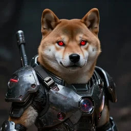 nuclear powerd armor jin - roh, anthropomorphic shiba inu, science fiction, red glowing eyes, dark, by artgerm and greg rutkowski and magali villeneuve, realistic face