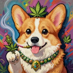 beautiful anime painting of fantasy corgi cannabis god smoking weed, by noah bradley, patrick woodroffe, posuka demizu, qing han, trending on artstation, 8 k, masterpiece, graffiti paint, fine detail, full of color, intricate detail, golden ratio illustration, face enhance
