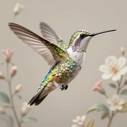 hummingbird, feathers like fine floral ornaments, eye - level medium angle shot, intricate, floral background, by esao andrews, by m. w. kaluta, by yoshita amano, natural lighting, smooth, 3 d octane render, depth perception, 4 k,, artstation
