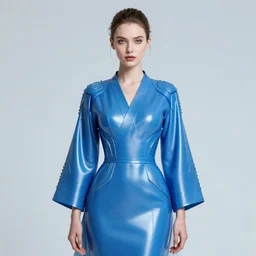 a digital portrait of an european girl detailed features wearing a cyber kimono latex suit wedding dress - synthetic materials imac bondi blue 1 9 9 8 by issey miyake by ichiro tanida and mitsuo katsui