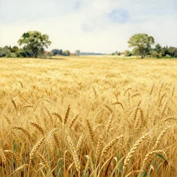a hiper intricate watercolor of a beatifull serene wheat field with some trees and litthe buildings in the background, extremely detailed, sharp focus, wide view, smooth, digital illustration, colorfull, by william turner art, by greg rutowski, by carl larson, by edmund dulac