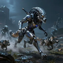 cybernetic neo - predator mind transfer : wolf - like creatures running impossibly fast through the night, hunting prey and reveling in their machine - aided supremacy over any natural creature, sci - fi fantasy illustration artstation furaffinity