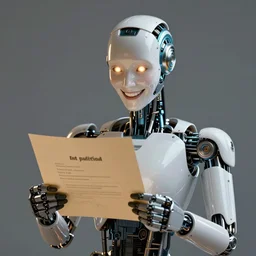 a beautiful intricate fine art portrait photo of a happy mechanical futuristic cybernetic robot reading a letter of admission held in hands, by anna dittman and zach sutton, eyes glowing, happiness!, perfection!, studio lighting, golden ratio composition, 50mm lens, bionic, cybernetic scifi, deep depth of field, artstation, 8K