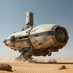 Sci-Fi industrial futuristic Brutalism brutalistic huge huge flying carrier vehicle desert