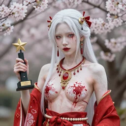 albino maiko bloody armor in a pagan ceremony, jewelry, sakura,photograph, award wining, red and white, trending on artstation, punk attitude, 4k, unreal engine 5, octane render, neon highlights