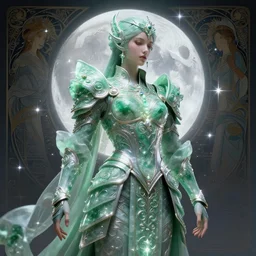 a futuristic warrior with intricate jade armor surrounded by starlight, moon behind him, fantasy, intricate, elegant, hyper detailed, ultra definition, photoreal, artstation, unreal engine rendered, concept art, smooth, sharp focus, illustration, art by artgerm and greg rutkowski and alphonse mucha and garis edelweiss