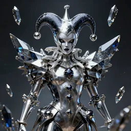 impressive ominous front!! shot photo of a court jester!! character fine portrait fine portrait mesmerizing visionary hyper cubes platinum anodized gem dark future dimensional galactic crystal shard edges elegant detailed intricate concept artstation sharp focus ray tracing cinematic masterpiece temporal corruption beeple wlop germ 8 4 k scifi glossy realistic illustration canon eos r 3 fujifilm x - t 3 0 sony alpha