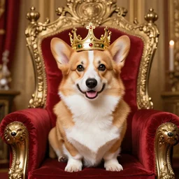 a portrait of a welsh corgi whom is wearing a crown sitting on a throne