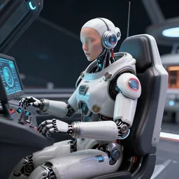 cybernetic space pilot wired into her cockpit, artstation render 0.00000001