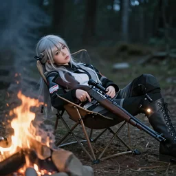 silver hair girl resting in campfire with her rifle, cinematic photography
