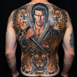 yakuza tattoos on a back with intricate designs with tigers, featuring christopher walken as a samurai, amazing detail, sharp