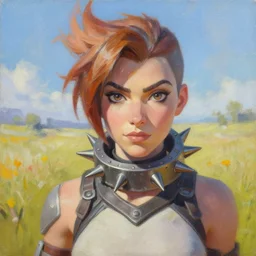 oil painting of tracer overwatch in a field wearing spiked collar around neck, in style of artgerm, expressive face, wearing choker, steel collar, steel choker, wearing collar on neck, detailed face, detailed eyes, full body, feminine face, tracer overwatch,