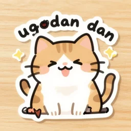 a sticker of a happy cat saying ugodan dan!