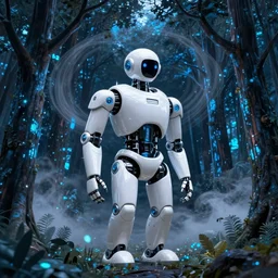 glossy white zaha hadid style robot in a forest of glowing blue trees at night. swirls of mist swirl around the trees. glowing blue turquoise forest. digital render. digital painting. artstation. concept art.