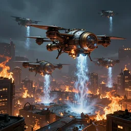 steampunk drones blasting water on city in flames, digital art, artstation, concept art