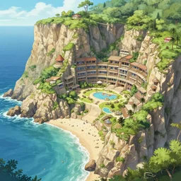 highly detailed environment concept art seaside resort carved into the cliffs finely detailed illustration animation key frame