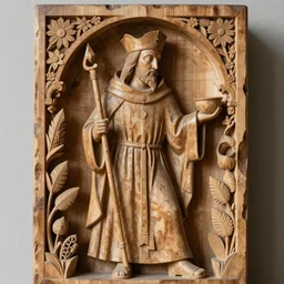 wood carving showing a medieval monk