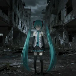 vocaloid in abandoned city, dark, despair, loneliness