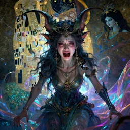 epic portrait of menacing, agitated, anxious, crying yet stunningly beautiful, cute, radiant biomechanical djinn overseeing the iridescent fabric of the universe, by charlie bowater, mandy jurgens, gustav klimt, octane render, dramatic camera angle, 4k, 8k, high detail, HDR, by tom bagshaw, powerful, with inspiration from Beksinski, inspired by greek goddess Athena, inspired by hindu goddess Kali