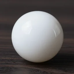 a perfectly white round shining 3 d marble ball!!! rolling on a dark oak matte surface