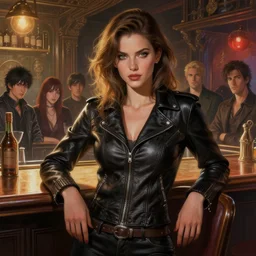 highly detailed painting of a beautiful female wearing a skintight leather jacket in a bar, stephen bliss, 8 k, unreal engine, by greg rutkowski, loish, rhads, artgerm, ferdinand knab, makoto shinkai and lois van baarle, ilya kuvshinov, rossdraws, tom bagshaw, global illumination, radiant light, detailed and intricate environment