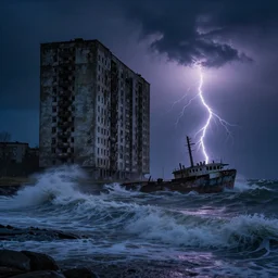 danila tkachenko, low key lighting, an abandoned high soviet apartment building in the middle of the stormy ocean, a shipwreck, storm, lighning storm, crashing waves, dramatic lighting