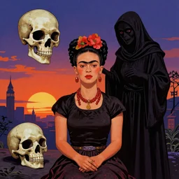 Frida Kahlo as the Grim Reaper visiting an alien world that is a skull at sunset by Dan Mumford and Josan Gonzalez and Laurie Greasley and Tim Doyle, retrowave, vibrant, high contrast