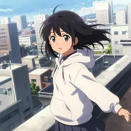anime visual portrait of a young black haired girl wearing hoodie sightseeing above the urban city school rooftop sunny day dramatic lighting dynamic perspective and posing by yoh yoshinari - w 6 4 0