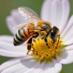 macro shot of a robotic bee resting on a flower, global illumination
