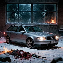 Audi A4 B6 Avant (2002), a gritty neo-noir, dramatic lighting, cinematic, eerie person, death, homicide, homicide in the snow, viscera splattered, gunshots, bullet holes, establishing shot, extremely high detail, cracked windows, photorealistic, arson, makeshift grave, cinematic lighting, artstation, by simon stalenhag, Max Payne (PC) (2001) winter New York at night, In the style of Max Payne 1 graphic novel, flashing lights, Poets of the Fall - Late Goodbye