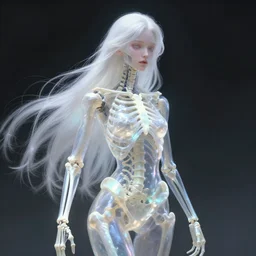 fariy humanoid that is semi - transparent, with mother of pearl colored bones. bioluminescent, long white hair. fantasy digital art