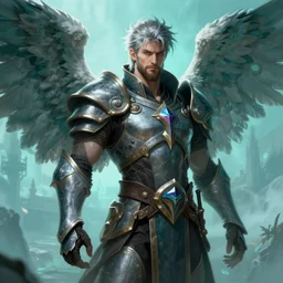 an epic fantastic realism comic book style portrait painting of an aasimar paladin, male, big angel wings on back, shaggy silver hair, short brown beard, d & d concept art, unreal 5, daz, teal aesthetic, octane render, cosplay, rpg portrait, dynamic lighting